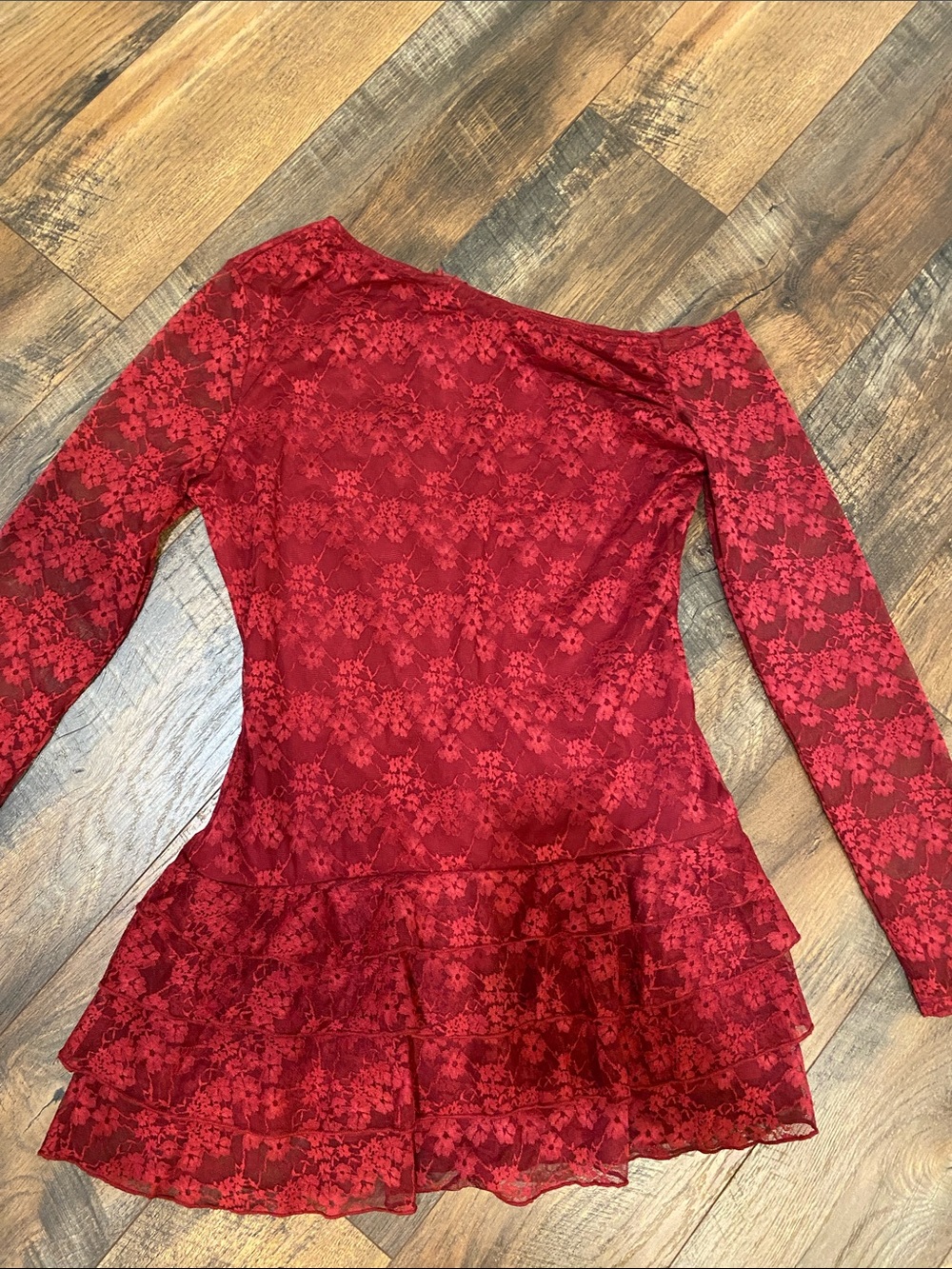 Red Lace Long Sleeve Tiered Short Dress